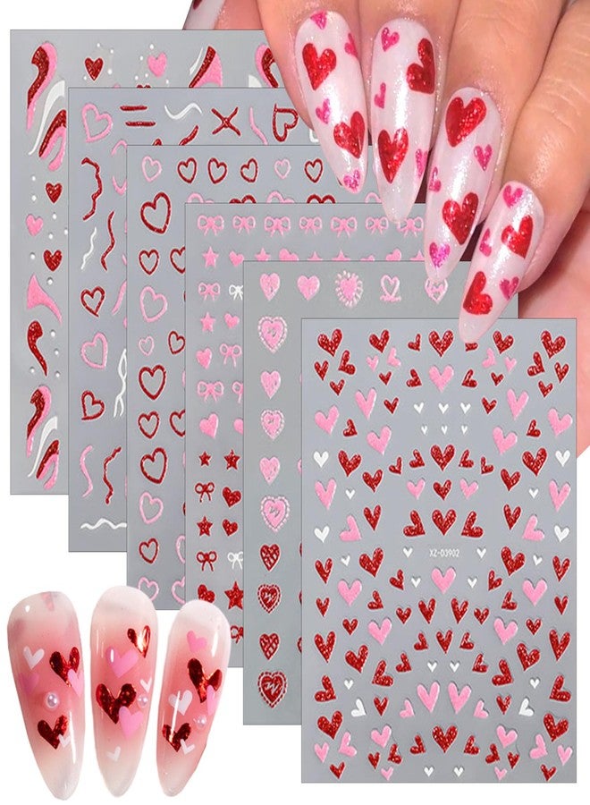 KTAABTR 6 Sheets Red Pink Glitter Hearts Nail Art Stickers 3D Self-Adhesive Valentine's Day Heart Bow Nail Stickers Stripe Star Design Nail Decals for Women Manicure Supplies Valentines Nail Decoration - Image 1